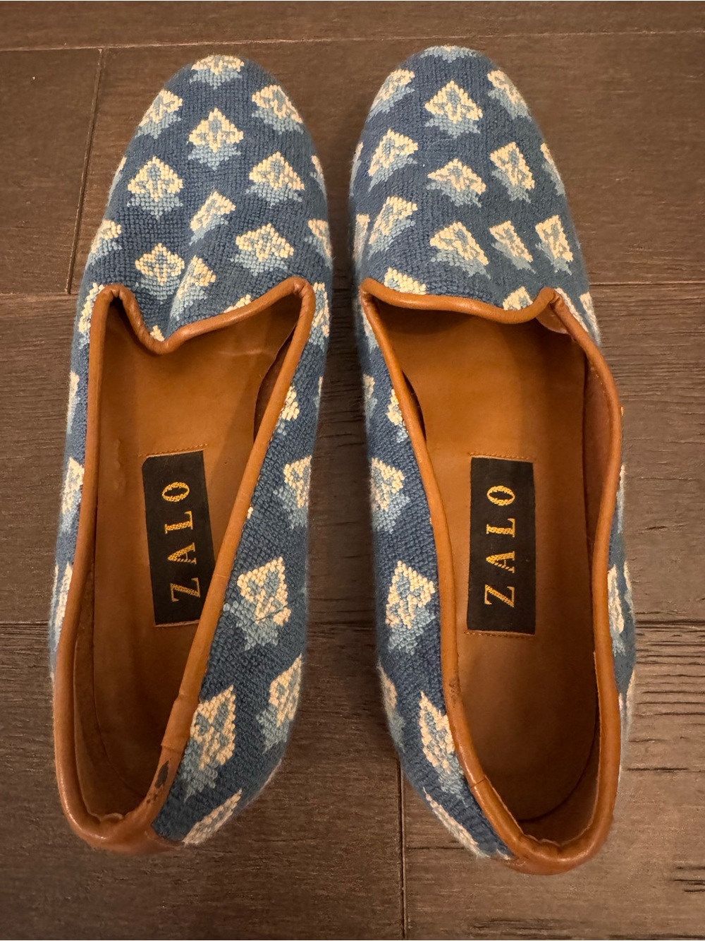 Zalo Blue Patterned Slip-On Flats with Cream Motif, needlepoint
